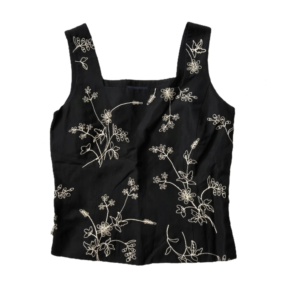 Ann Taylor Black Crop Top with Cream Floral Embroidery
